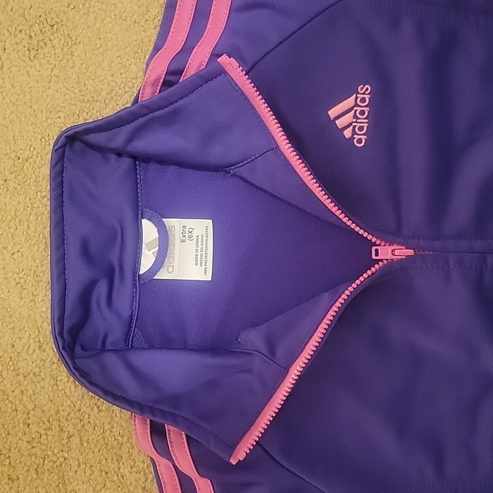Kids purple adidas jacket with pink stripes. - Picture 2 of 7
